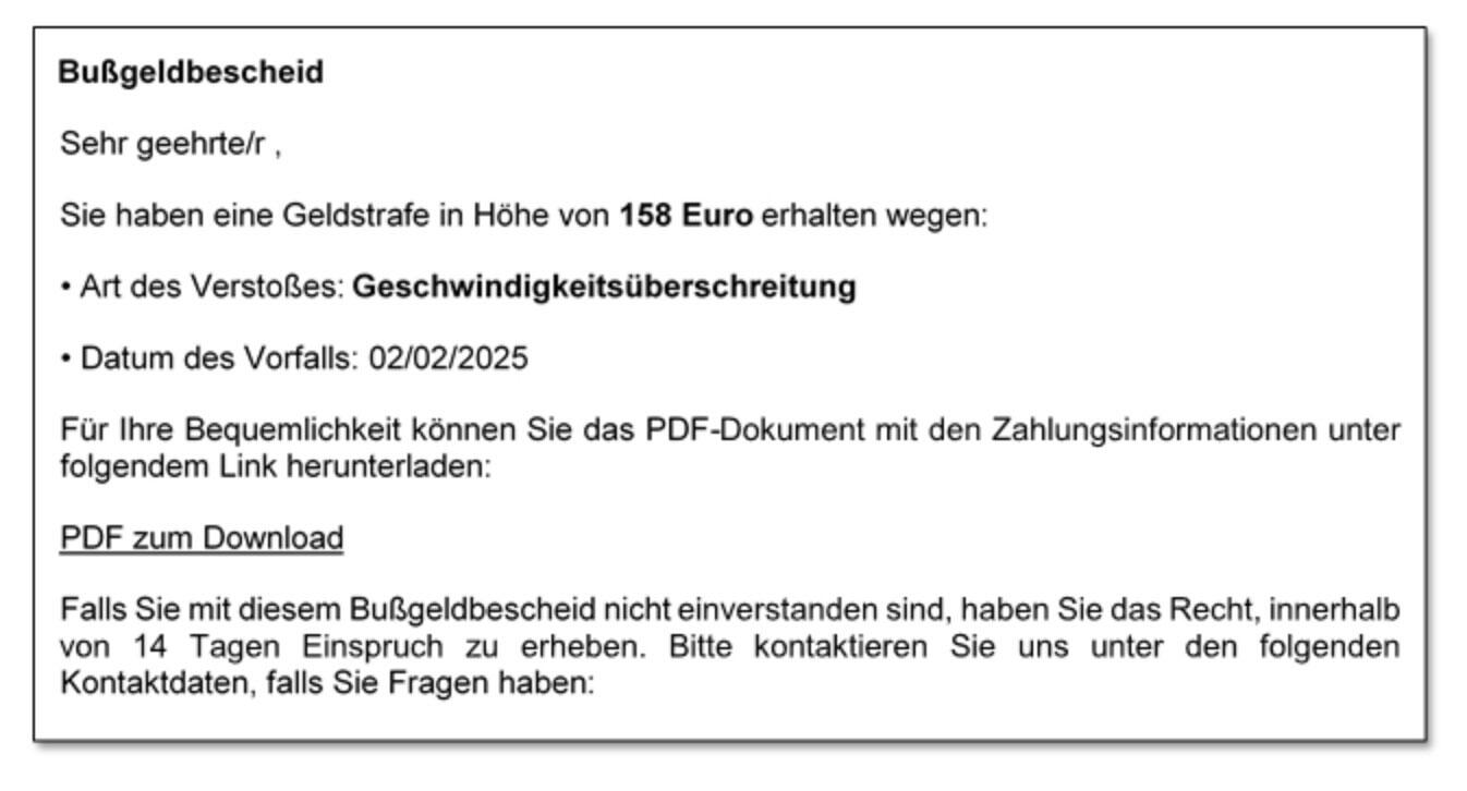 Beispiel einer betrügerischen E-Mail mit Absenderadresse mit Länderkennung @RU und ohne Aktenzeichen 