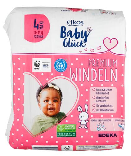 Elkos Baby Glück Premium Windeln, Größe 4, Maxi, 8-14 kg