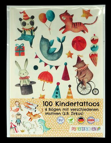 Papierdrachen 100 Kindertattoos, bunter Mix Set 05, 6 Bögen